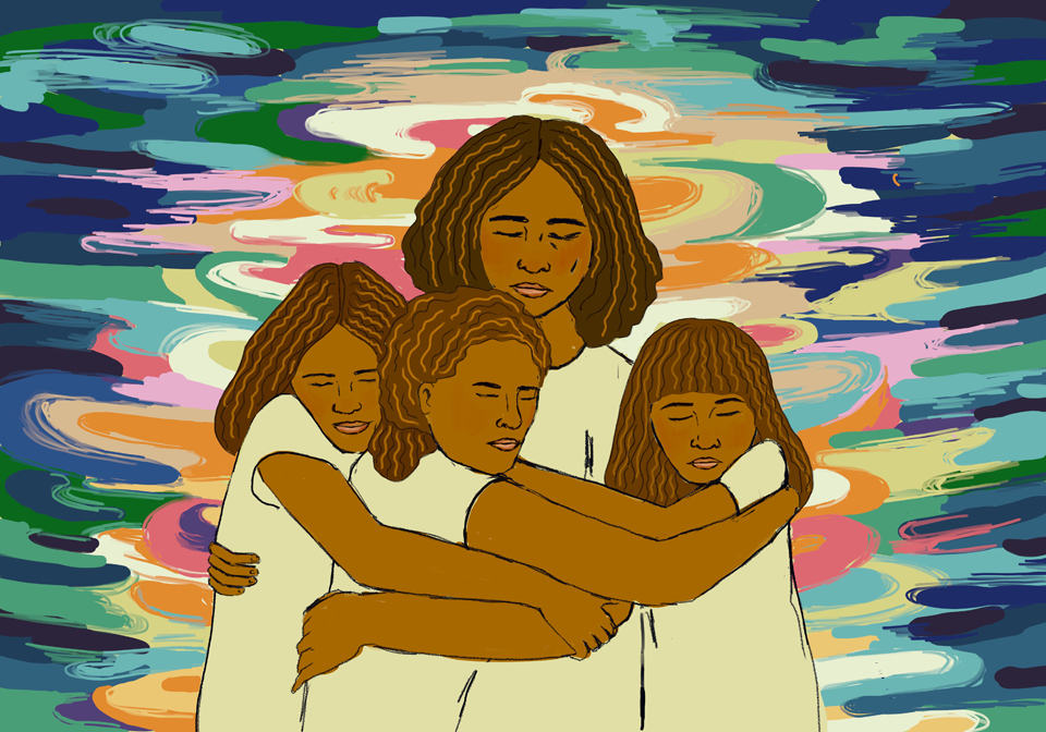 Illustration of woman and three children holding each other.
