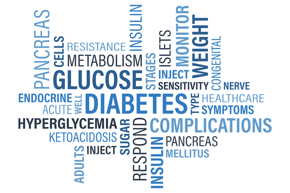Word cloud containing words &quot;diabetes&quot;, &quot;glucose&quot;, &quot;insulin&quot;, &quot;weight&quot;, &quot;metabolism&quot;, and more.