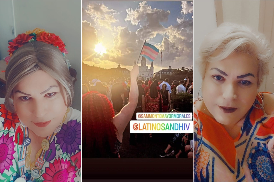 Collage de imágenes de Samantha Rose Montemayor y un grupo de personas, una sosteniendo una bandera transgénero.