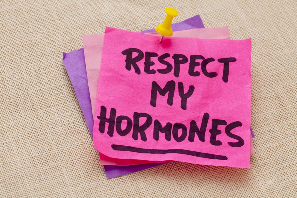 Bright post-it notes thumbtacked to fabric, one with the words &quot;Respect My Hormones&quot;.