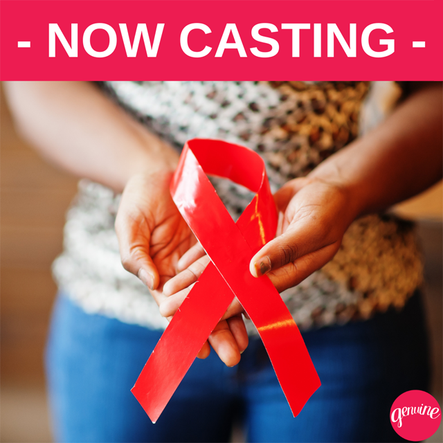 The word &quot;Casting&quot;, logo for Genuine, and hands holding red ribbon symbolizing HIV. 