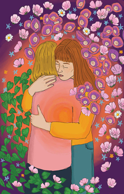 Colorful illustration of two women hugging, surrounded by flowers.