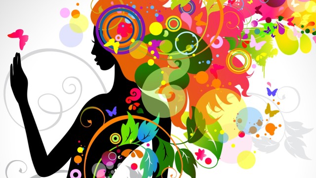 Ilustración de silueta de mujer con cabello colorido, formas, hojas y mariposas a su alrededor.