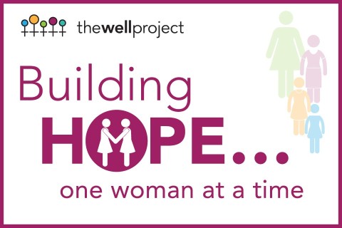 Words "Building Hope... One Woman at a time" with bright simple representations of women.