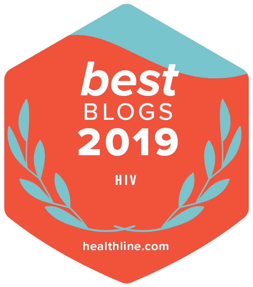 Red and blue healthline.com badge that reads Best blogs of 2019, HIV.  