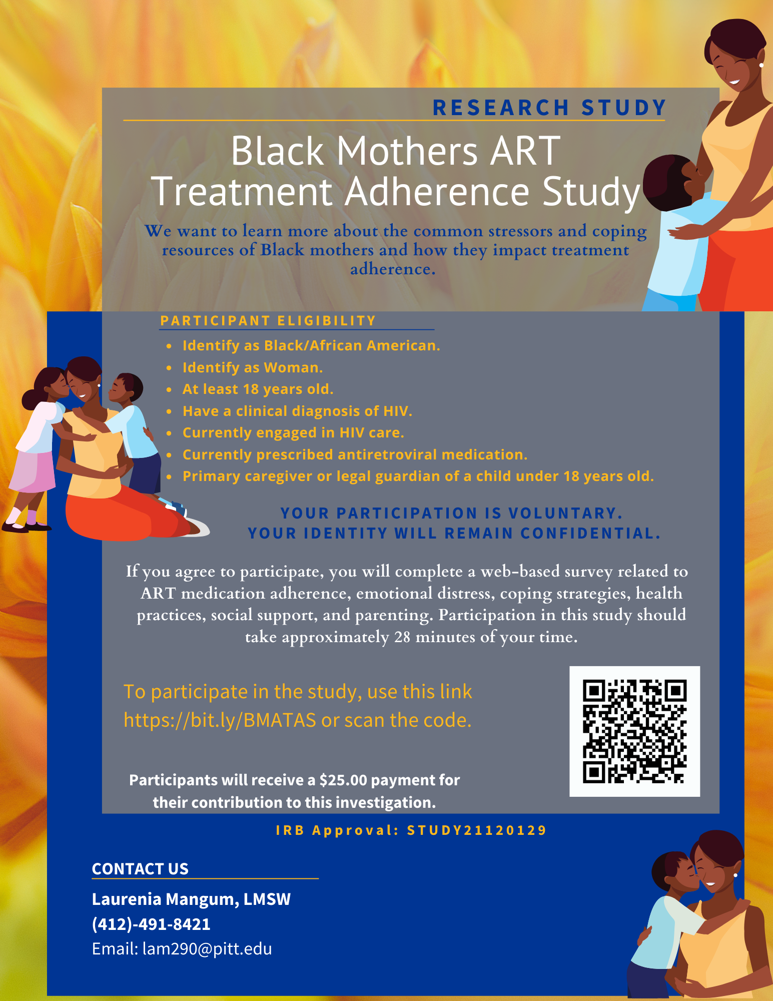 Flyer with survey details, linking to https://bit.ly/BMATAS, showing a Black woman hugging a child, a 2nd Black woman with two children, and a 3rd Black woman with a child.