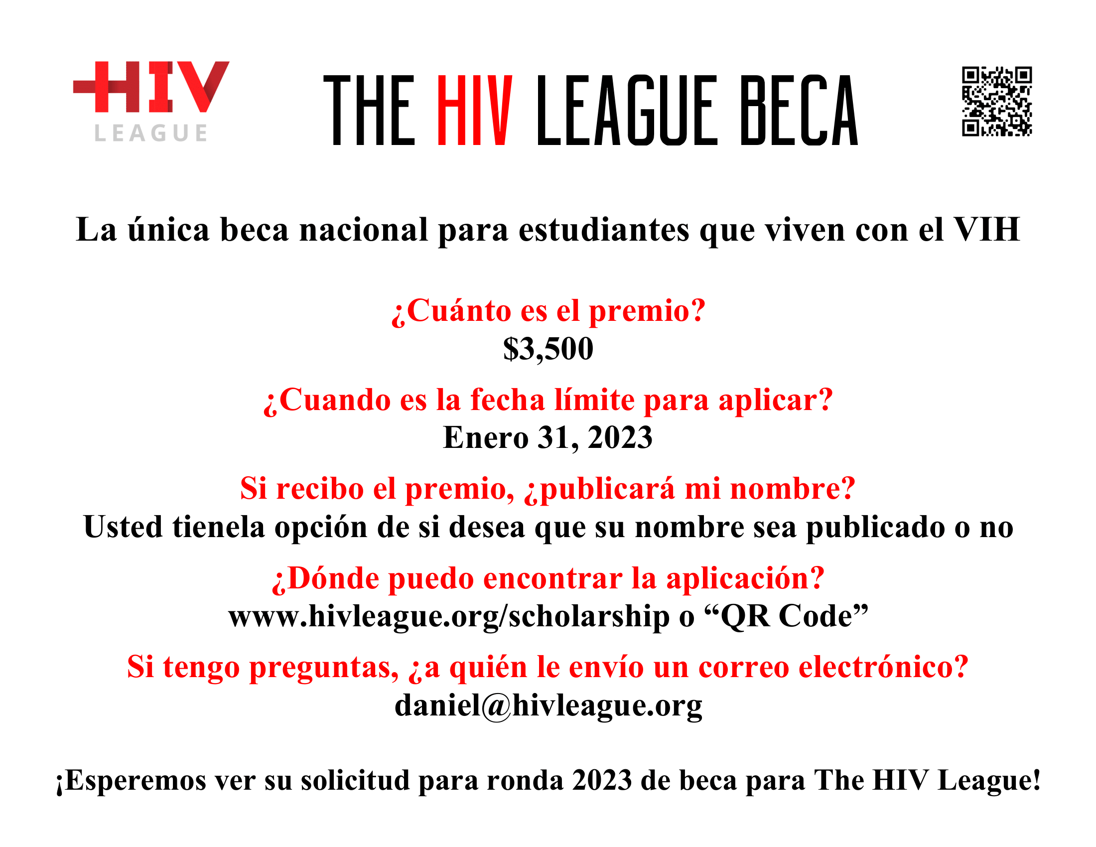 Folleto informativo de la Beca de la Liga del HIV League.