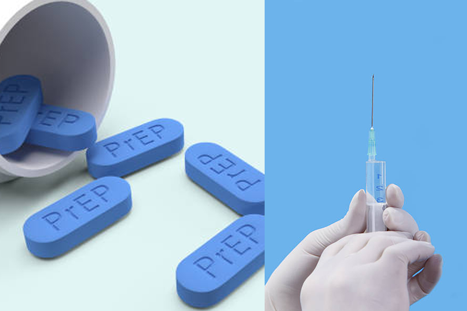 Pre-Exposure Prophylaxis (PrEP) tablets and PrEP injectable in syringe held by gloved hands.