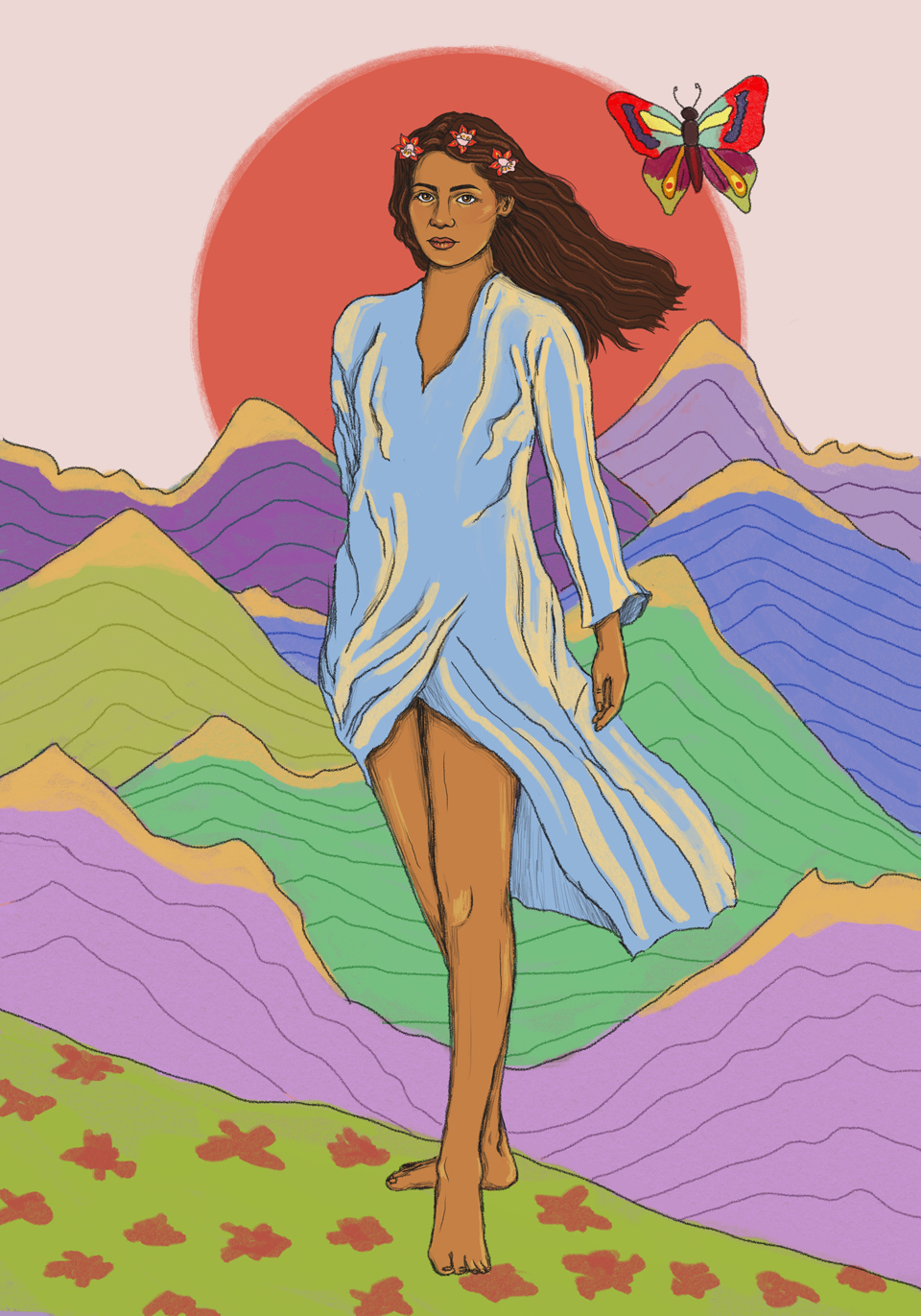 Ilustración de una mujer parada frente a montañas coloridas con una mariposa a su lado.
