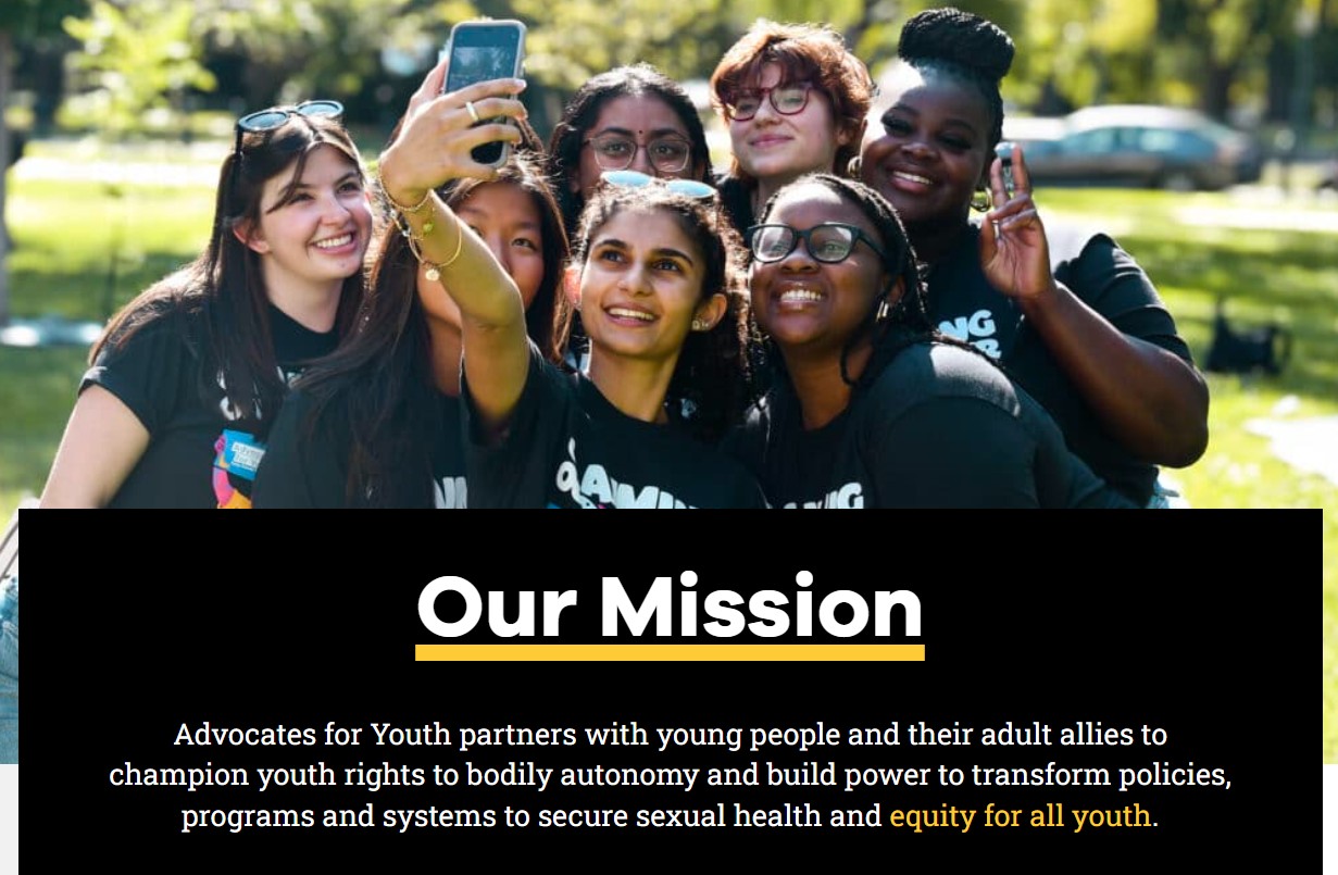 Advocates for Youth mission statement along with group of young people standing outside.