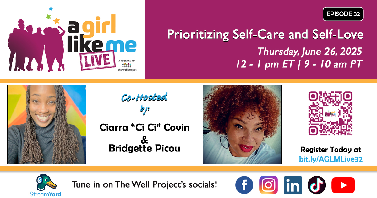 Flyer for A Girl Like Me LIVE event with headshots on Ciarra &quot;Ci Ci&quot; Covin and Bridgette Picou, as well as event details and a QR code to register..