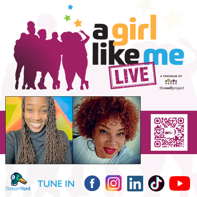 Flyer for A Girl Like Me LIVE event with headshots on Ciarra "Ci Ci" Covin and Bridgette Picou, as well as event details and a QR code to register..