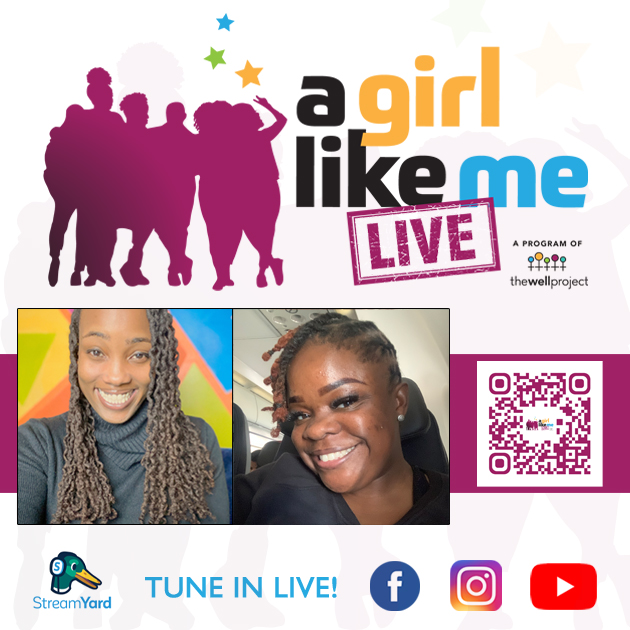 Flyer for A Girl Like Me LIVE event with headshots of Ciarra "Ci Ci" Covin and Ashley Cason, as well as event details and a QR code to register.