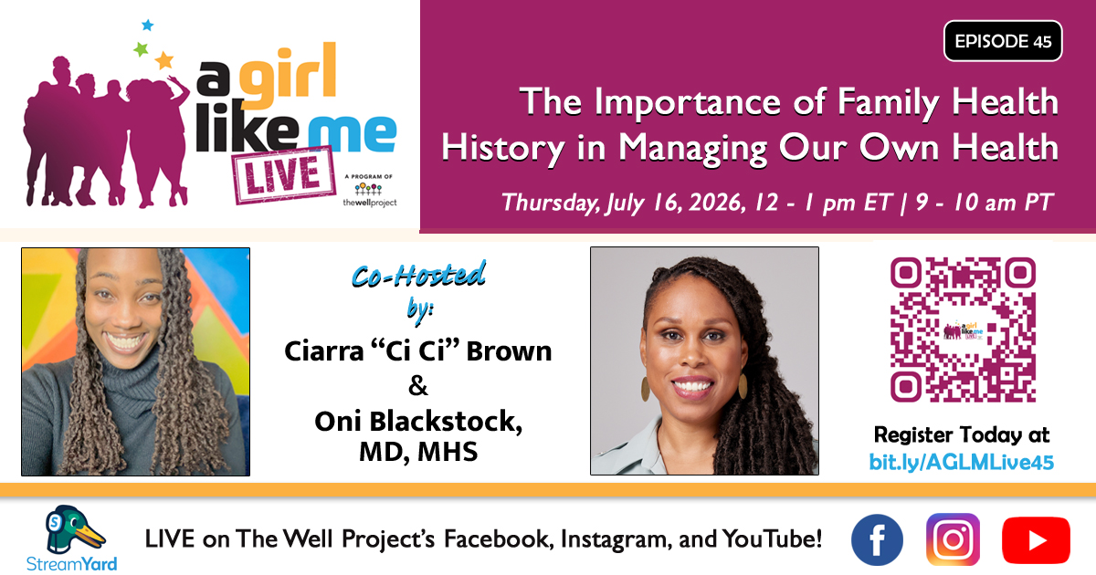 Flyer for A Girl Like Me LIVE including headshots of Ciarra “Ci Ci” Brown and Oni Blackstock alobg with event details, QR code and link to register.