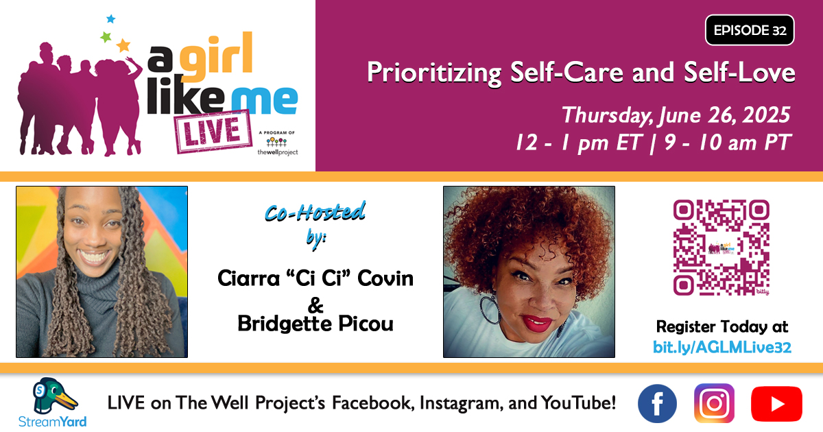 Flyer for A Girl Like Me LIVE event with headshots of Ciarra &quot;Ci Ci&quot; Covin and Bridgette Picou, as well as event details and a QR code to register.