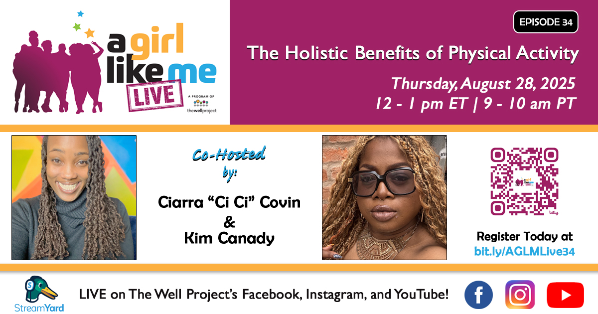 Flyer for A Girl Like Me LIVE event with headshots of Ciarra &quot;Ci Ci&quot; Covin and Kim Canady, as well as event details and a QR code to register.