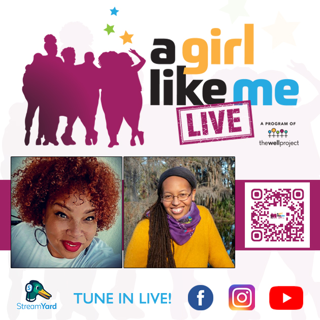 Flyer for A Girl Like Me LIVE event with headshots of Bridgette Picou and Olivia G. Ford, as well as event details and a QR code to register.