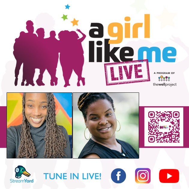 Flyer for A Girl Like Me LIVE event with headshots of Ciarra "Ci Ci" Covin and Robin Barkins, as well as event details and a QR code to register.