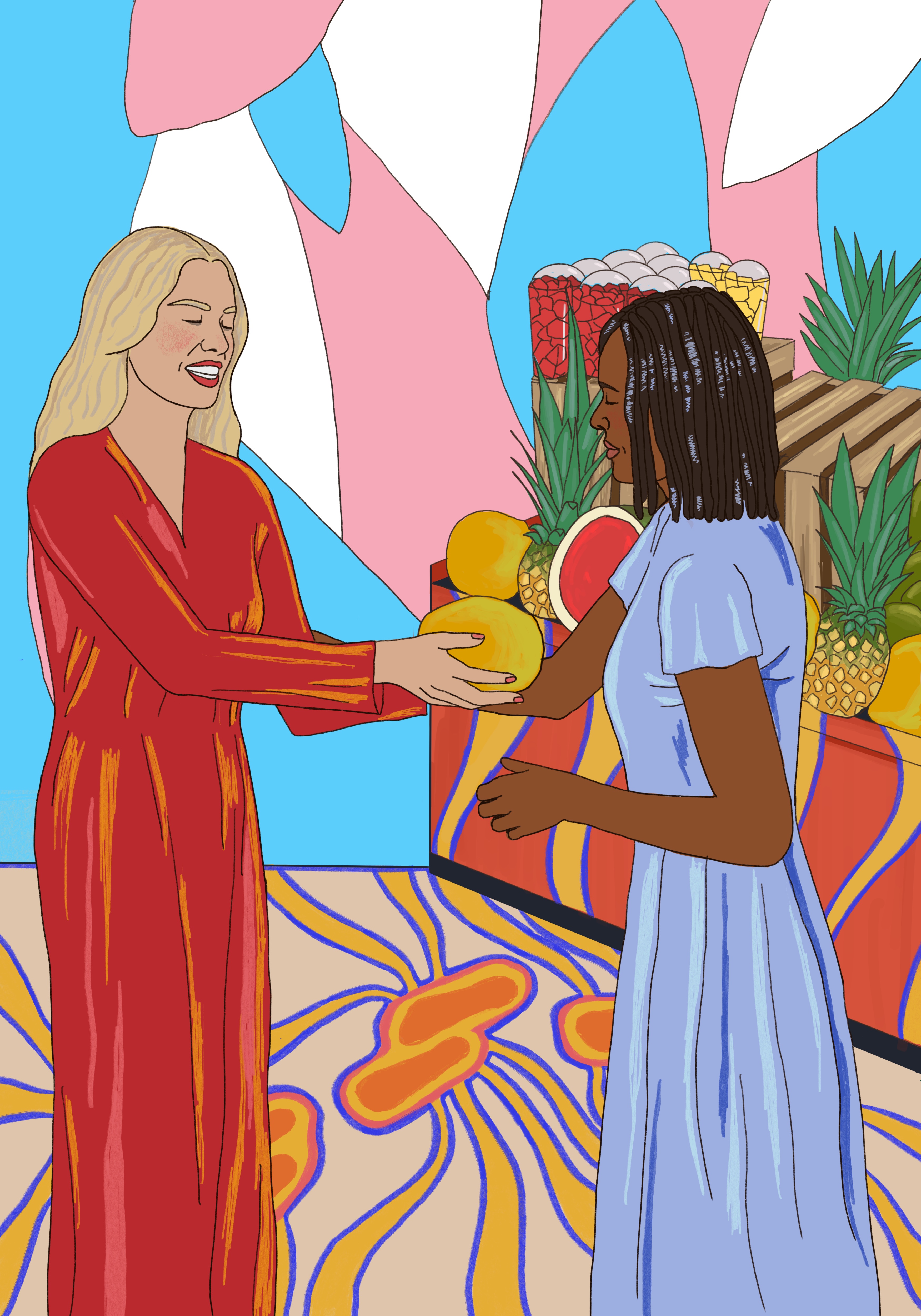 Illustration of woman giving food to another woman. 