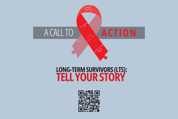 Reunion Project HIV long-term survivor anthology flyer with QR code.