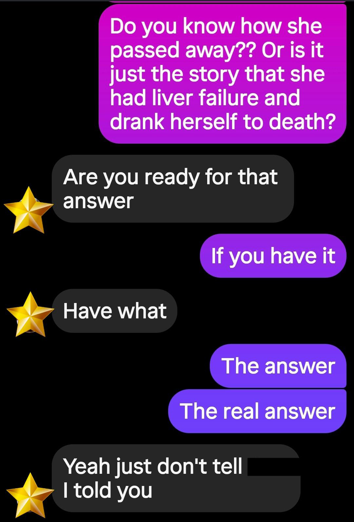 Screenshot of text exchange between blogger Cupcake80 and a friend.