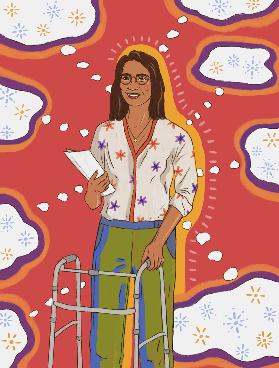 Ilustración de una mujer sosteniendo un cuaderno y usando un andador.