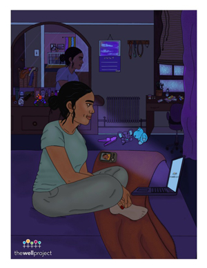 Illustration of woman sitting on a bed using a computer.
