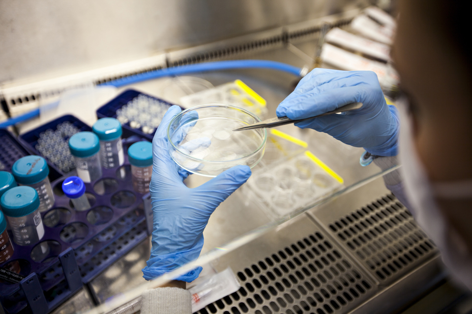 Researcher in lab with vials and a Petrie dish. 