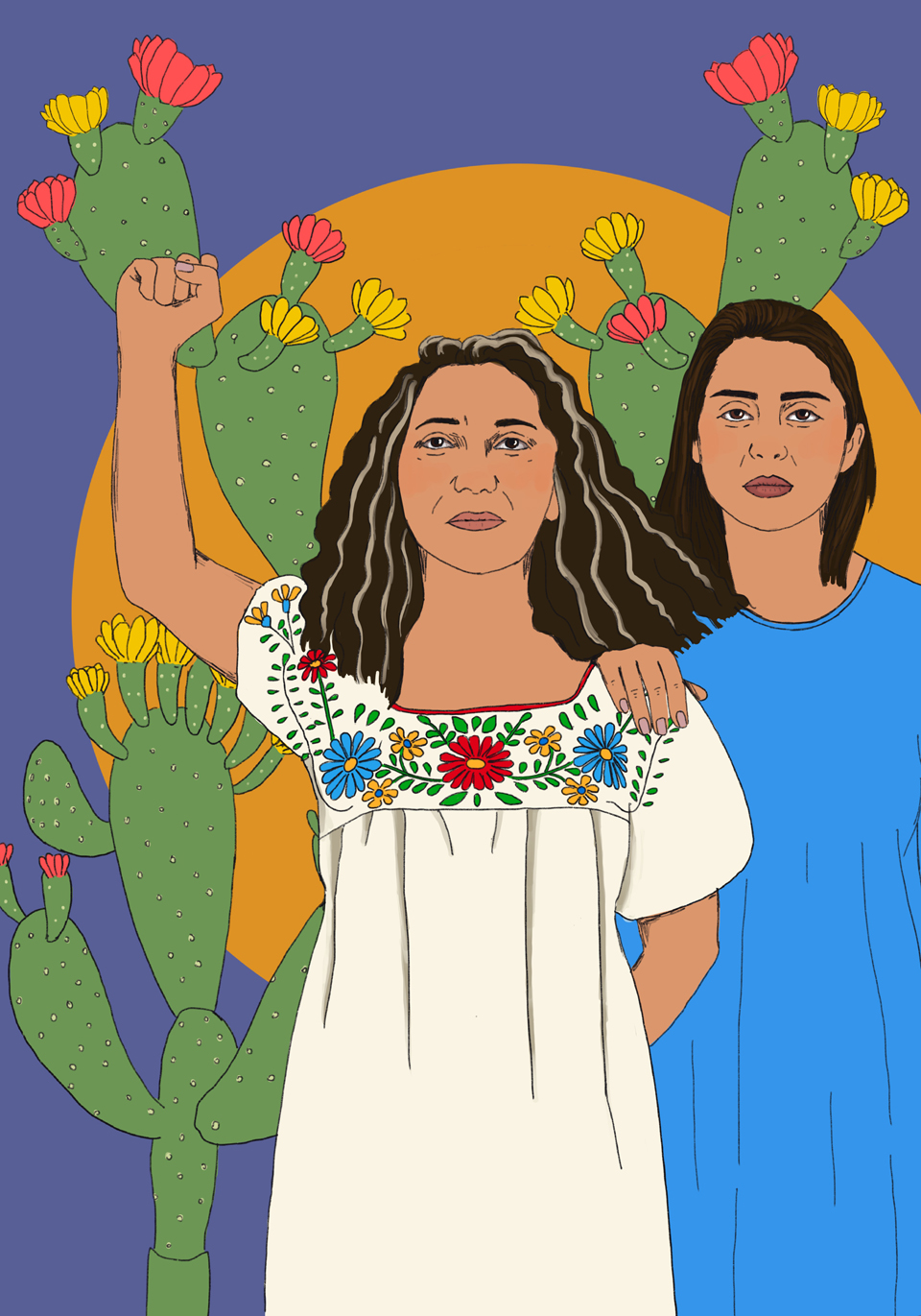 Illustration of two women, one with a fist in the air, the other with her hand on the first woman's shoulder.