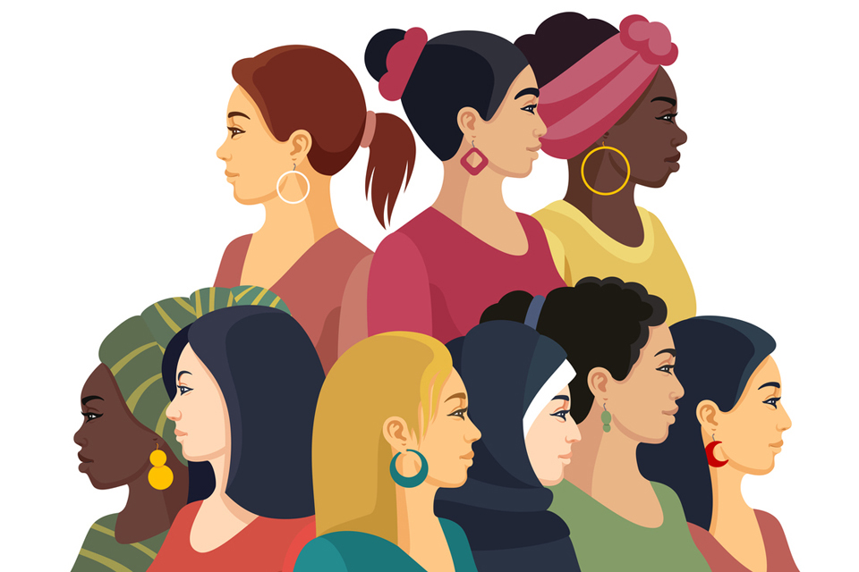 Ilustración de nueve mujeres multiétnicas.