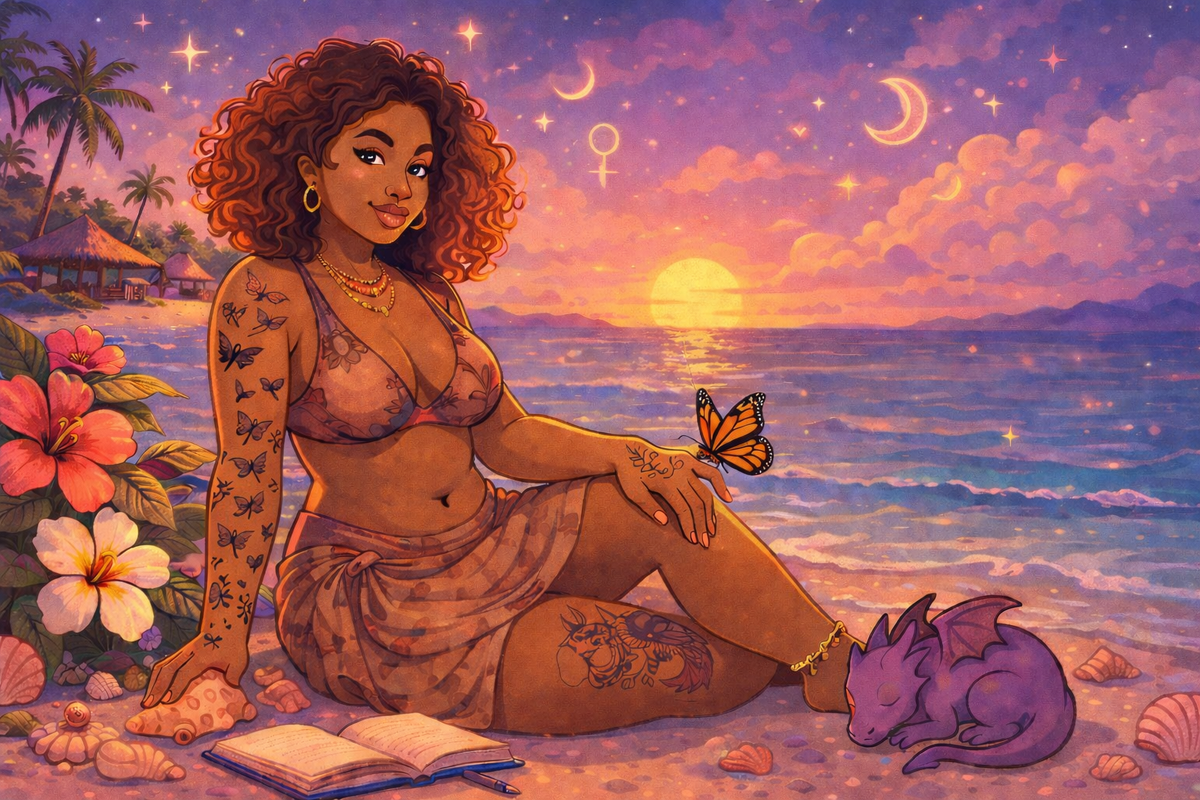 AI-generated image of a woman on a beach with an open notebook in front of her and a baby dragon curled up next to her.