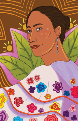 Ilustración de una mujer con un fondo colorido.