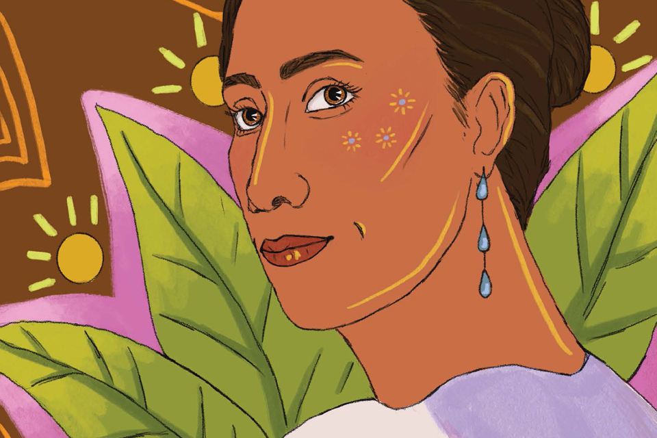 Ilustración de una mujer con un fondo colorido.