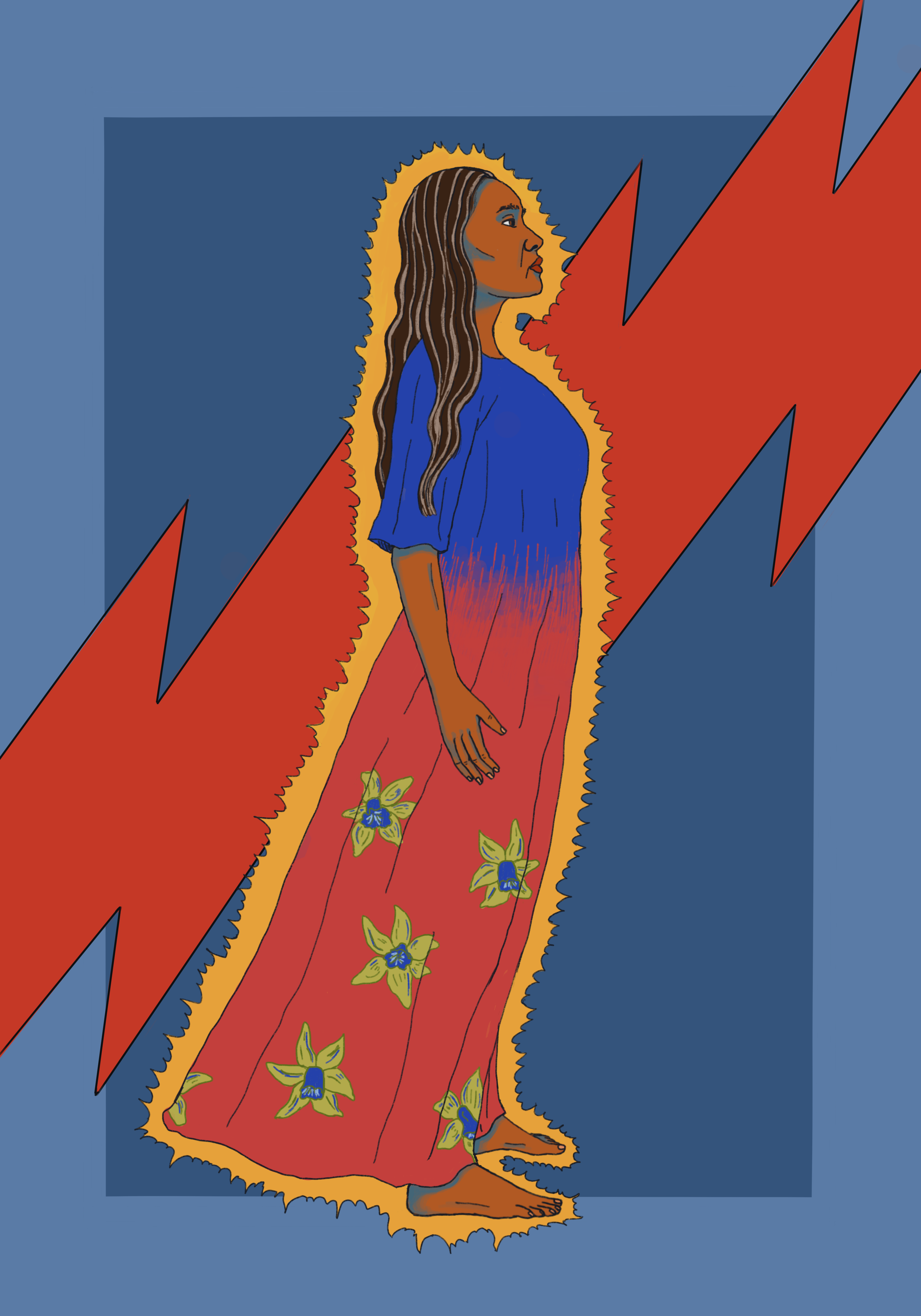 Illustration of woman standing sideways with yellow light surrounding her and a red lightning bolt behind her.
