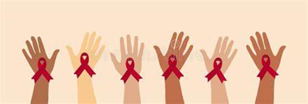 Illustration of several hands raised and red ribbons.