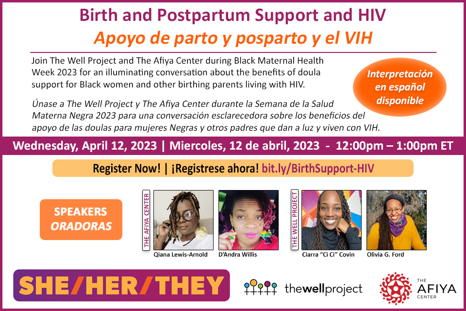 Flyer for SHE/HER/THEY event with speakers' headshots and logos of The Well Project & The Afiya Center.