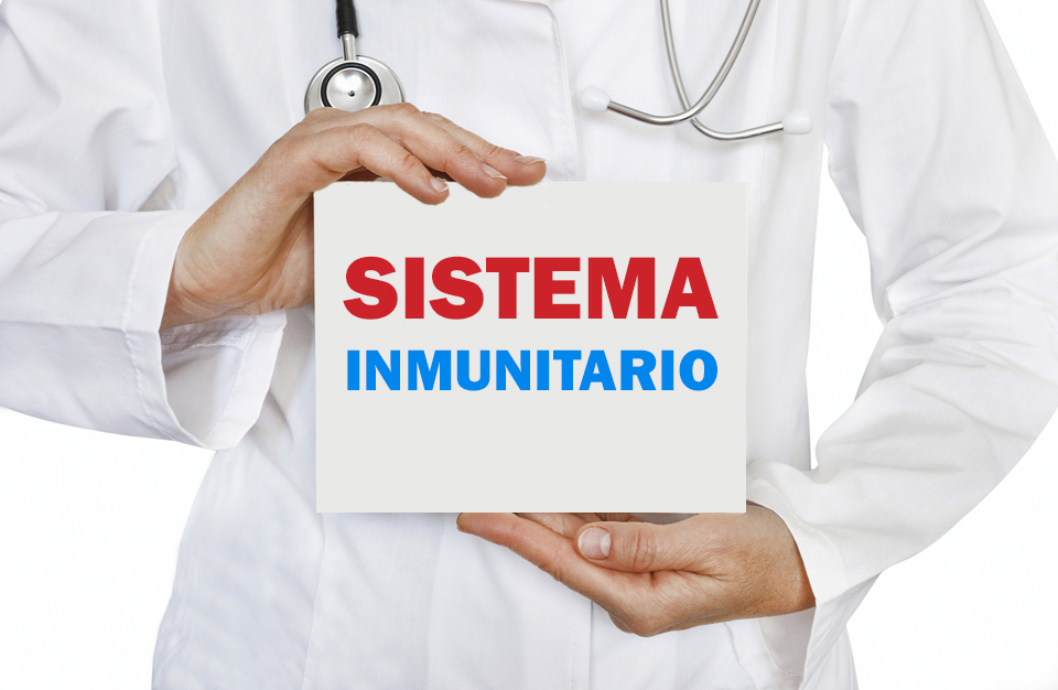Persona vestida con ropa médica con un cartel que dice "Sistema Inmunitario".