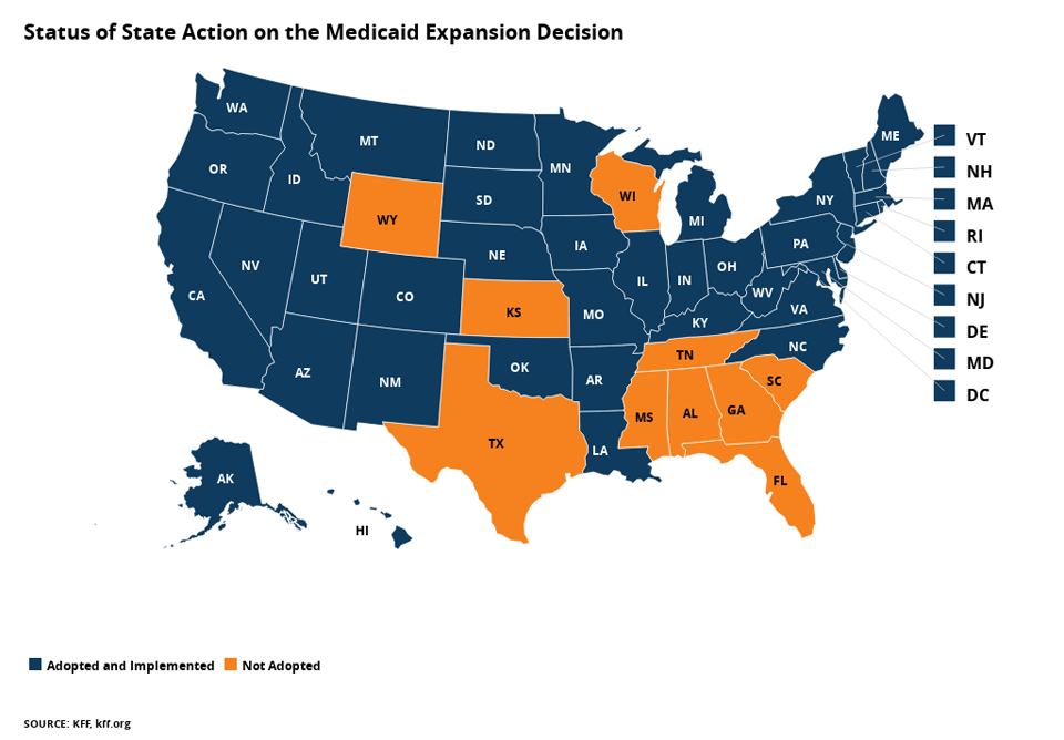 Map of the United States showing Status of State Action on the Medicaid Expansion Decision.
