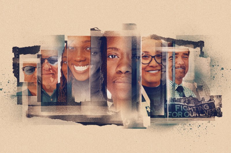 Pieces of pictures of people highlighted in article with the words "Fighting for our lives". 