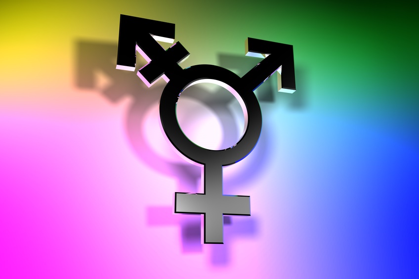 Trans symbol hovering above multicolored background.