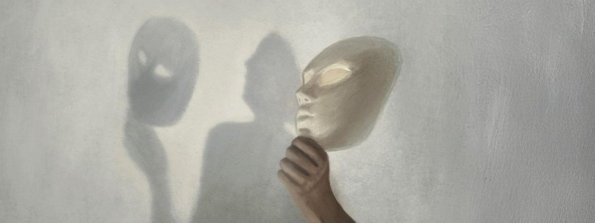 Illustration of hand holding mask and shadow of the same.