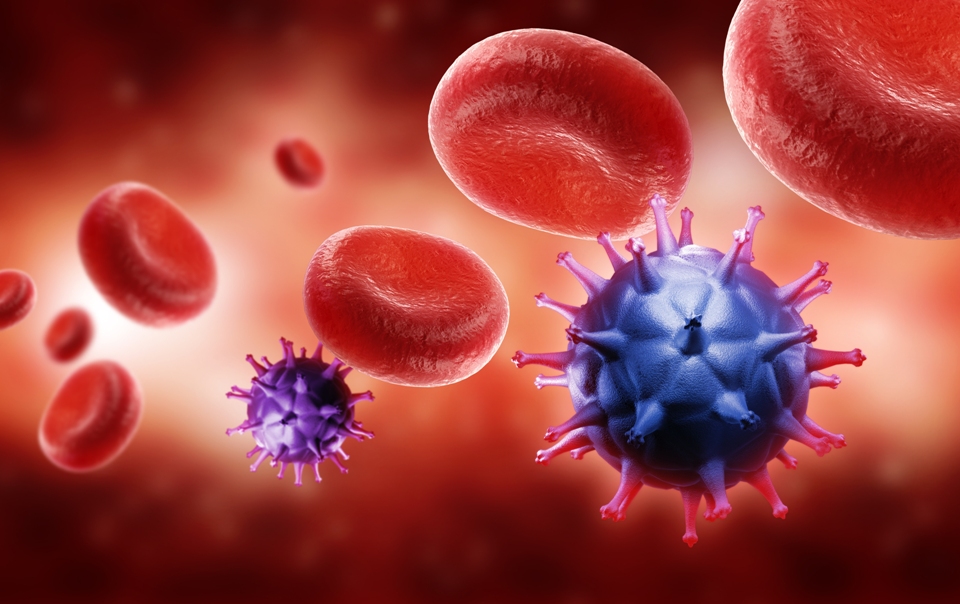 3D illustration of HIV virus and red blood cells.