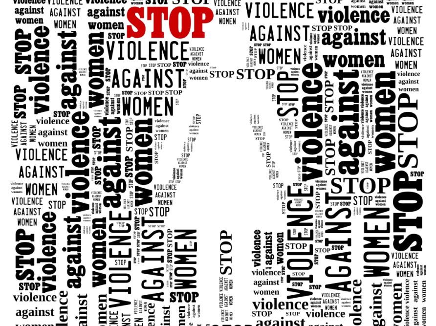 Outline of woman figure with words &quot;Stop Violence Against Women&quot; all around it.