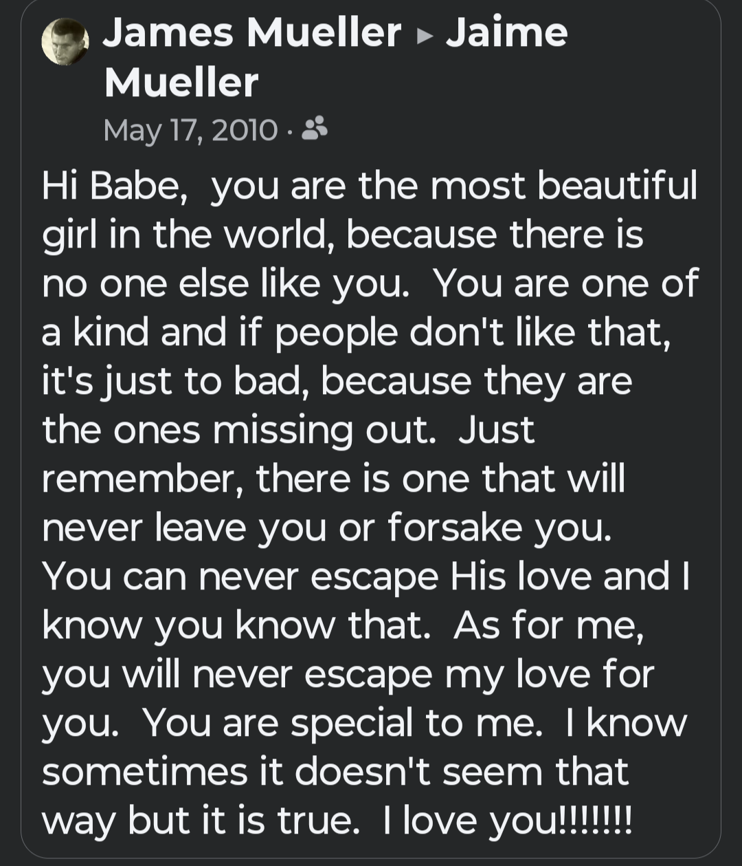 A text message from CupCake's father to her.