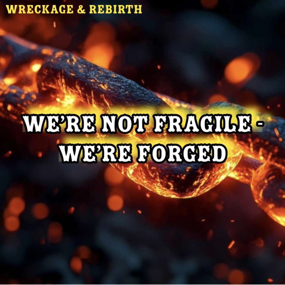 Smoldering background with words &quot;Wreckage &amp; Rebirth&quot; &quot;We're Not Fragile - We're Forged&quot;.