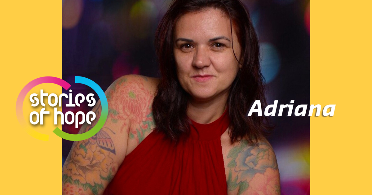 Adriana Bertini framed by a graphic that reads &quot;Stories of hope; Adriana&quot;.