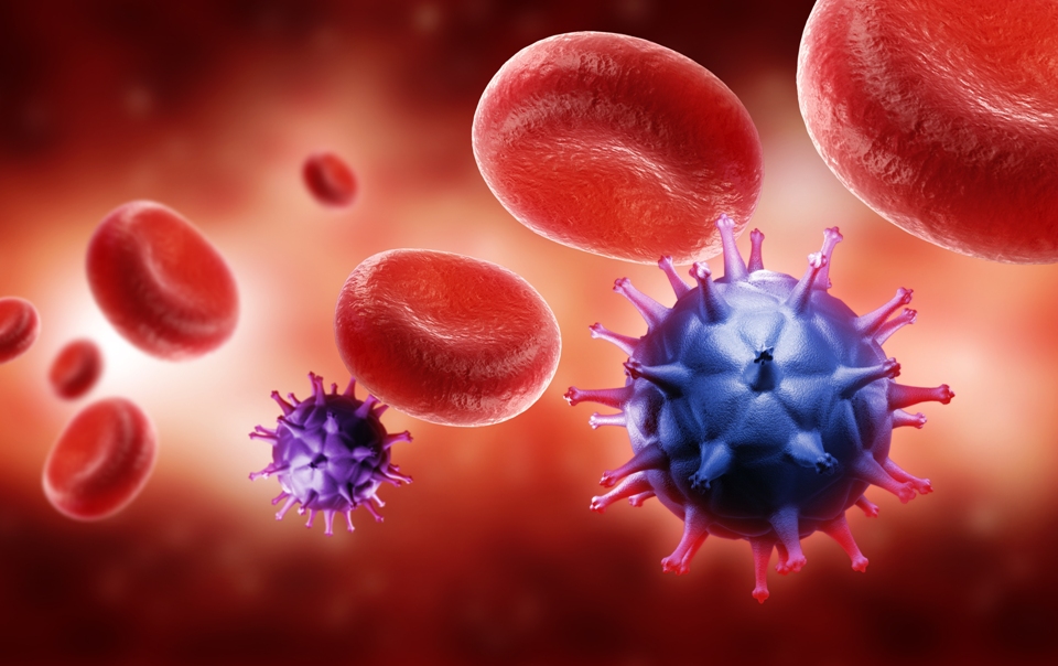 Ilustración 3D de virus y glóbulos rojos.