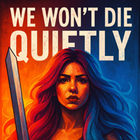 AI-generated image of a woman with a sword, and the words "We Won't Die Quietly".