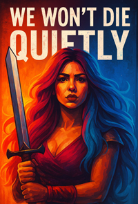 AI-generated image of a woman with a sword, and the words "We Won't Die Quietly".