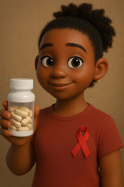 Ilustración de una niña sosteniendo una botella de medicamento.